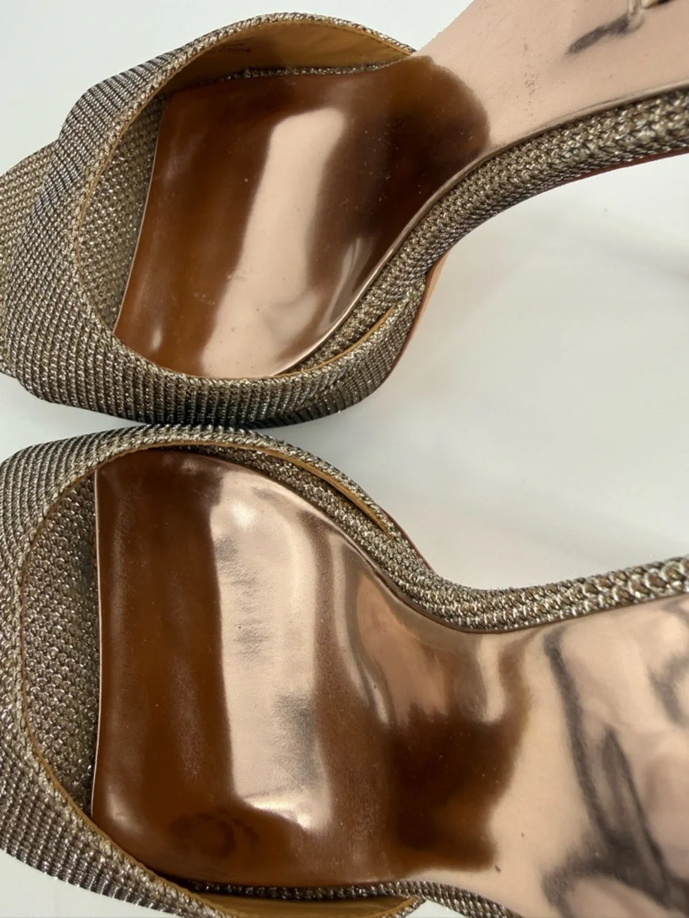 Badgley Mischka Gold Glitter Platform Stiletto Heels Ankle Strap Evening SZ 9